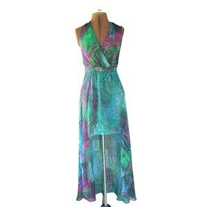 Vintage Bebe Chiffon Halter Dress Asymmetric High Low Women's XS Teal Green